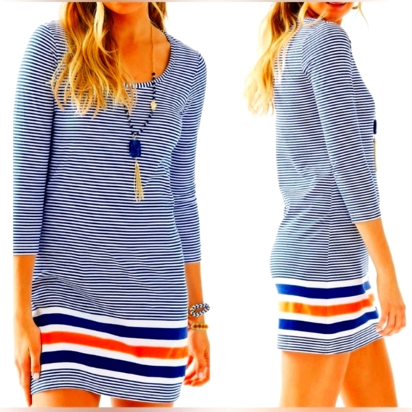 Lilly Pulitzer Beacon Cotton Navy Nautical White Blue Stripe Dress 3/4 Sleeves - Picture 1 of 14